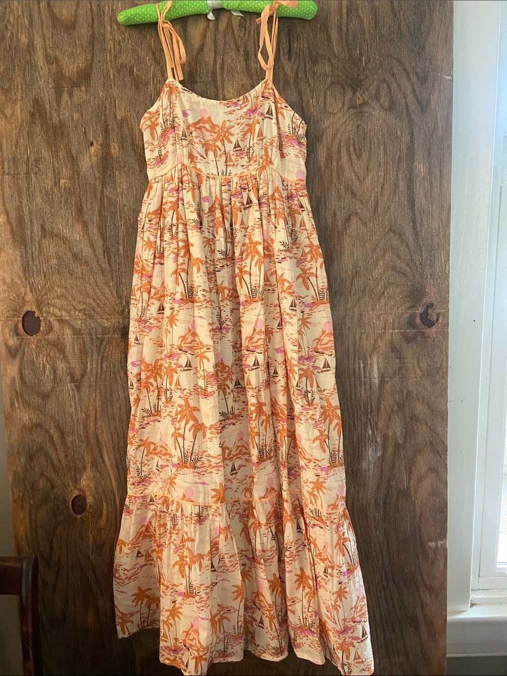 Olivia James Cotton Cream Maxi Dress with Orange Palm Print and Tie Straps Small